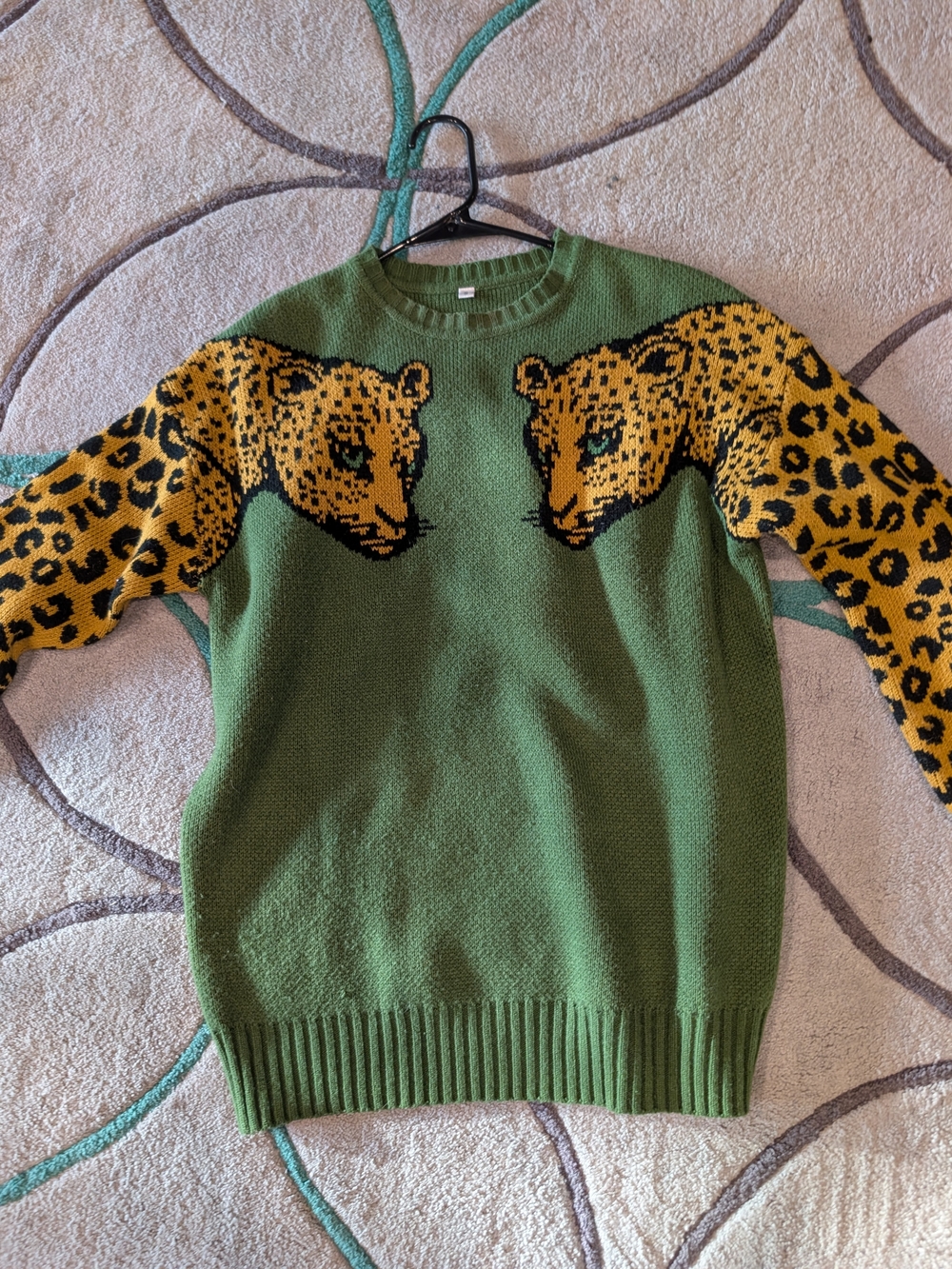 Green Crewneck Sweater with Leopard Motif